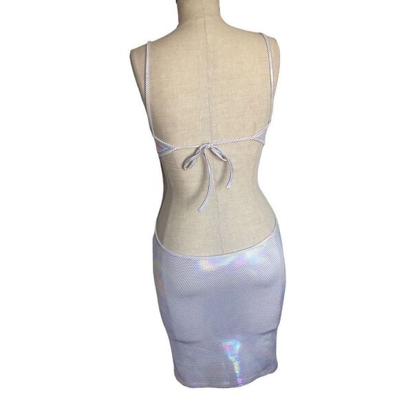 Holographic Mini Dress Tie Back, 80’s L.W. Sin-Sations body con sz s/m form fit - Picture 16 of 16